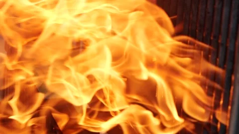 Vertical barbecue grill, slow motion bbq burning fire flame, closeup fireplace Stock Footage 242139952