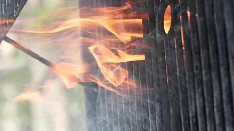 Vertical barbecue grill, slow motion bbq burning fire flame, closeup fireplace 動画素材 256058915