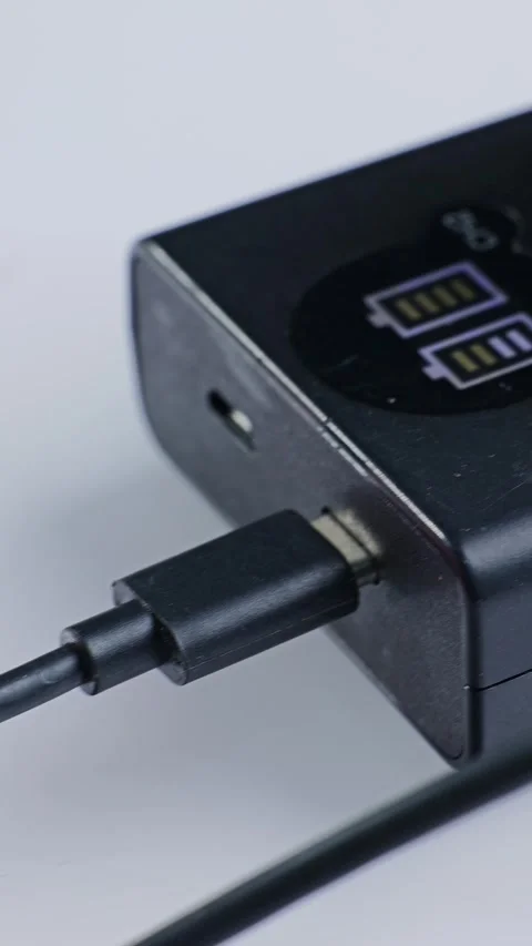 Vertical: Battery being charged. Charger with charging progress indicator. 库存影片 345459759