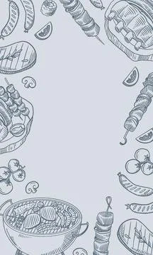 Vertical BBQ Background Template with Hand Drawn Barbecue Food Frame Stock Illustration