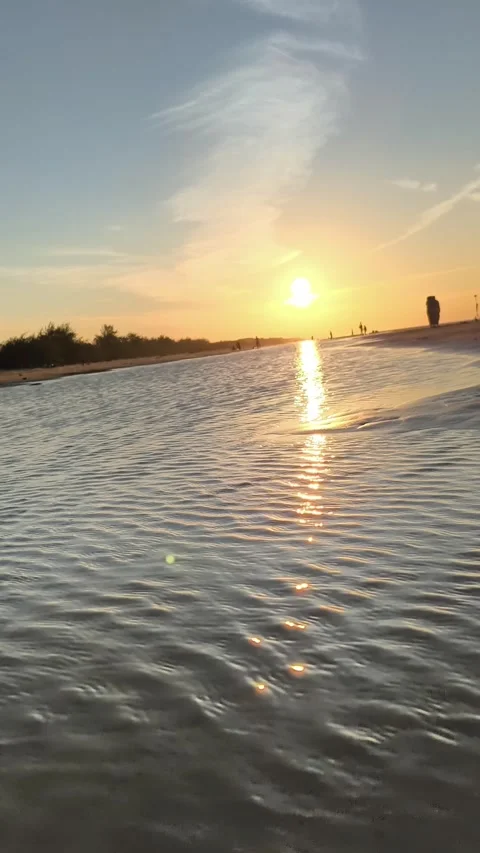 Vertical Beach Sunset Golden Hour Sun Reflection on Water Waves Stock Footage 340381806