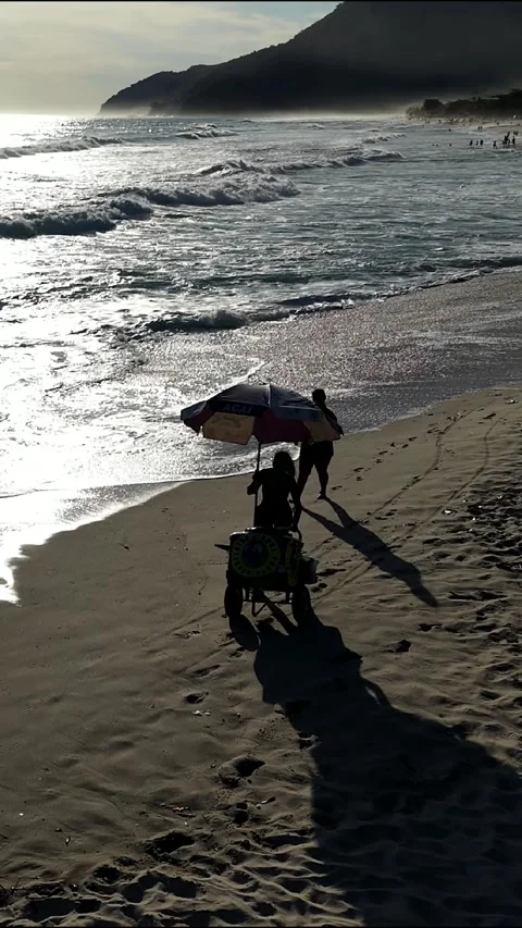 Vertical Beach Vendor Pushing Cart Along Sunny Shoreline Stock Footage 340530944