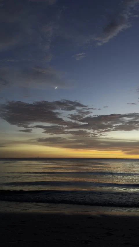 Vertical Beach View At Twilight With Crescent Moon, Florida Stock Footage 342761042
