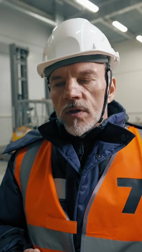 Vertical of Bearded engineer talks about work in warehouse at interview Stock Footage 275624721