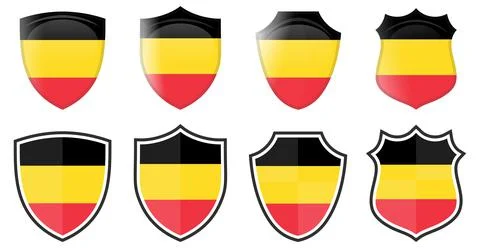 Vertical Belgian flag in shield shape, four 3d and simple versions. Belgium i Ilustración de archivo
