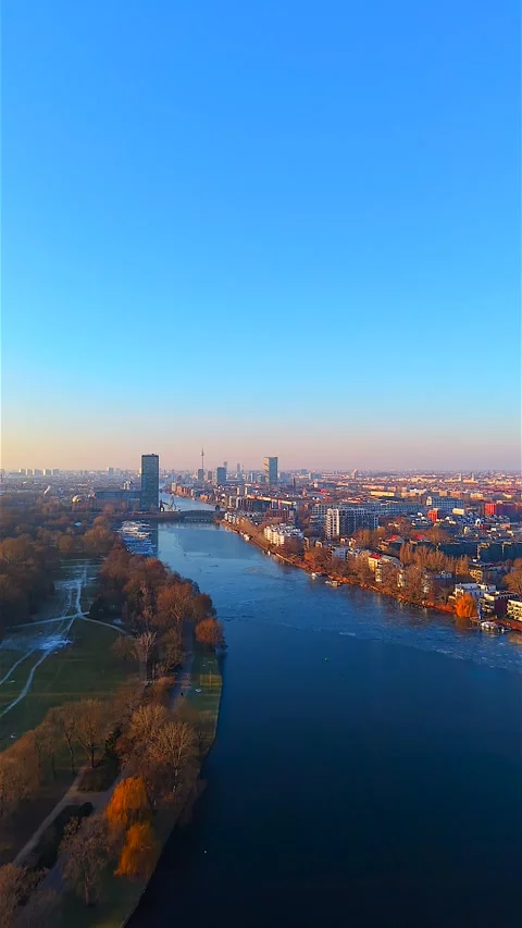 Vertical Berlin Skyline River Drone Footage Video stock 327915117