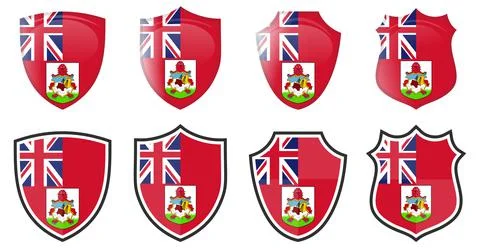 Vertical Bermuda flag in shield shape, four 3d and simple versions. Bermudian Ilustración de archivo
