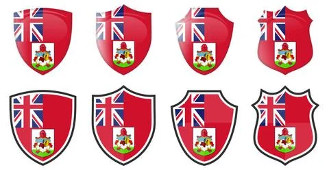 Vertical Bermuda flag in shield shape, four 3d and simple versions. Bermud... Stock Photos