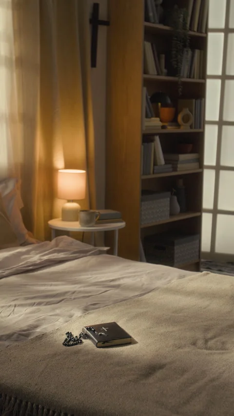 Vertical of Bible and Rosary on Bed with Lamp on Small Round Table in Background Stock Footage 327394768