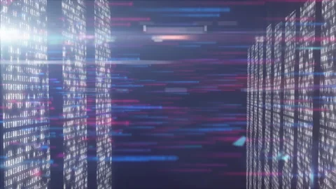 Vertical binary code columns flowing at sides while pink blue glitch streaks Stock Footage 308657771