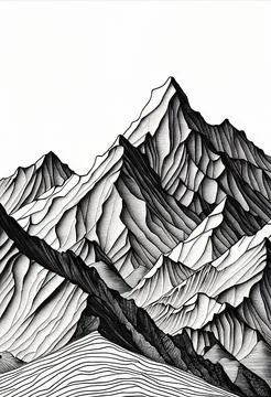 Vertical black and white graphic painting of a mountain range Stock Illustration