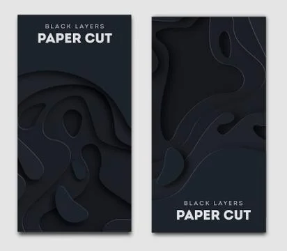 Vertical black banners with 3D abstract background, white paper cut shapes Illustrazione stock