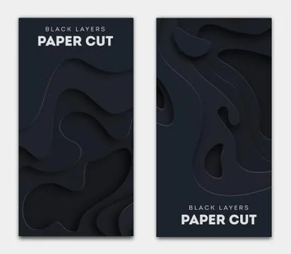 Vertical black banners with 3D abstract background, white paper cut shapes Stock Illustration