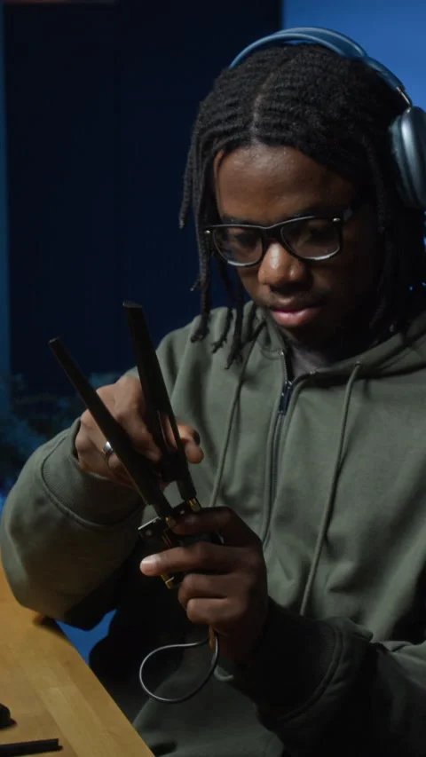 Vertical of Black Male Hacker Assembling Wi Fi Adapter in Home Office Stock Footage 328287940
