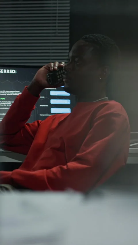 Vertical of Black Man Talking on Phone in Front of Computer Screen Stock Footage 346714304