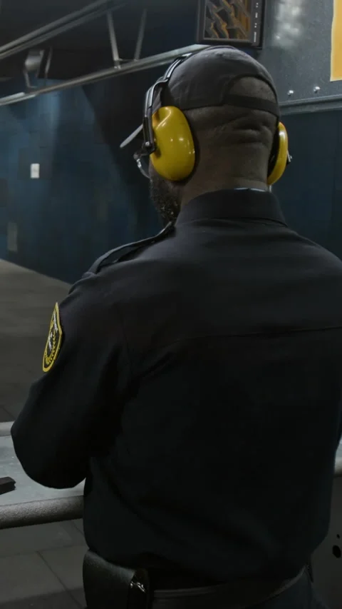Vertical of Black Policeman Practicing Sharp Shooting Skills at Range Stock Footage 305344524