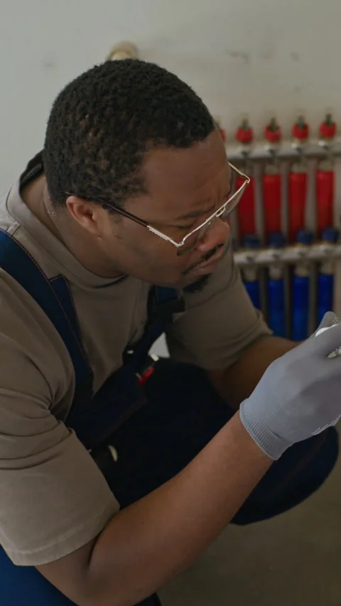 Vertical of Black Professional Plumber Installing Valve for Heating System Stock Footage 340612187