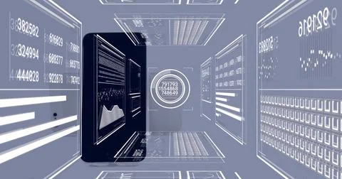 Vertical black server standing in virtual data corridor, displaying line chart, 스톡 일러스트