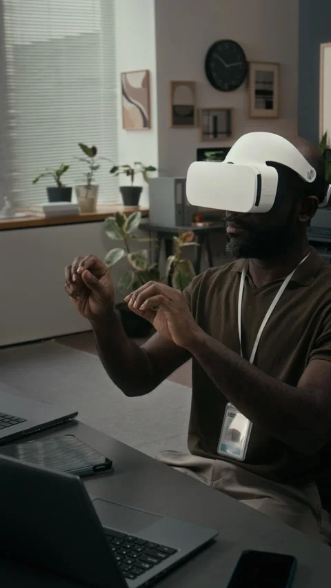 Vertical of Black Web Engineer Using Virtual Reality Headset Designing Website Stock Footage 329616378