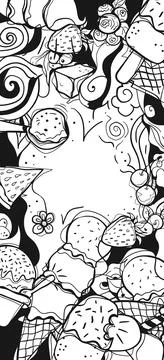 Vertical Black White Hand Drawn Ice Cream Doodle Border Vector Illustration.. Stock Illustration