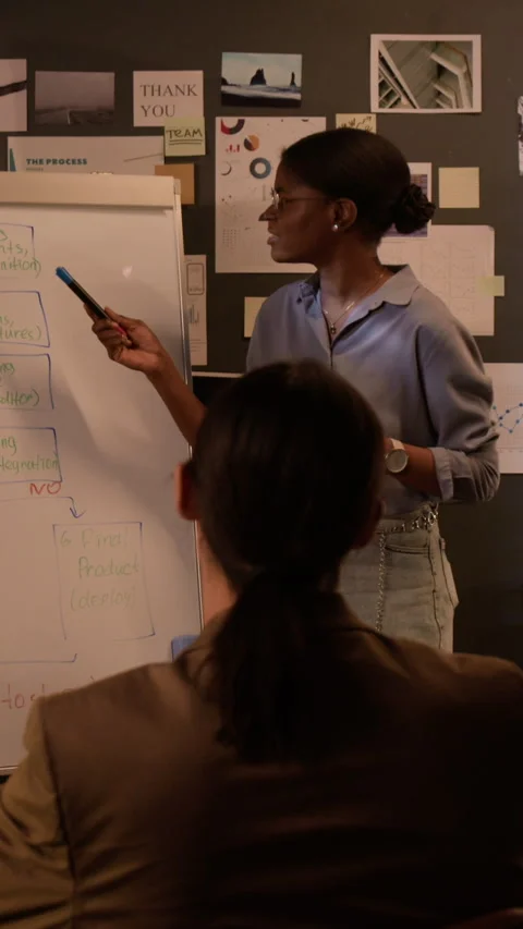 Vertical of Black Woman Developer Presenting Coding Workflow to Colleague Stock Footage 336709076