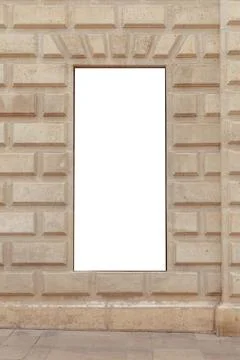 Vertical blank billboard set in a textured sandstone wall, perfect for Stock Photos