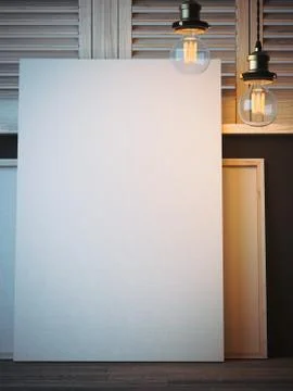 Vertical blank canvas in artist's workshop. 3d rendering Stock Illustration