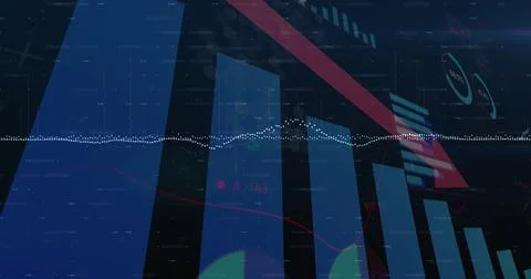 Vertical blue bar chart columns rising on data dashboard screen, with red arrow Stock Photos