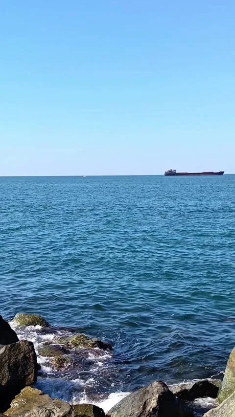Vertical Blue Ocean with Rocky Shore and Cargo Ship Stock Footage 344014045