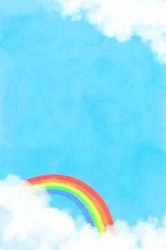 Vertical blue sky with white clouds and rainbow watercolor Stock Illustration