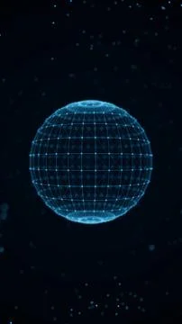 Vertical blue wireframe data globe with glowing nodes and floating particle.. Stockillustratie