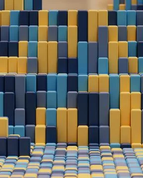 Vertical blue yellow and gray voxel wall abstract 3D pattern Stock Illustration