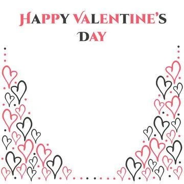 Vertical border with doodle black and red heart and text. Valentine day card on Stock Illustration