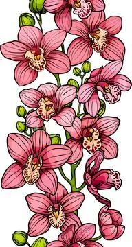 Vertical border vertical border seamless pattern of pink orchid flowers, vector Illustrazione stock