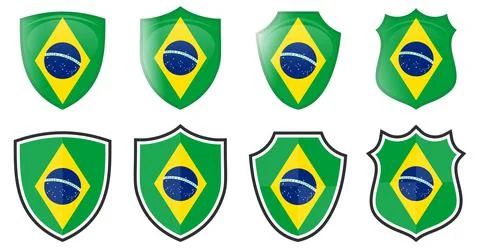 Vertical Brazilian flag in shield shape, four 3d and simple versions. Brazil  Stock Illustration