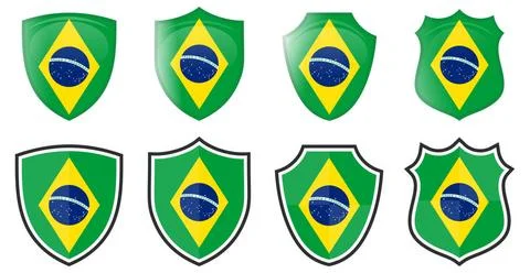 Vertical Brazilian flag in shield shape, four 3d and simple versions. Braz... Stock Photos