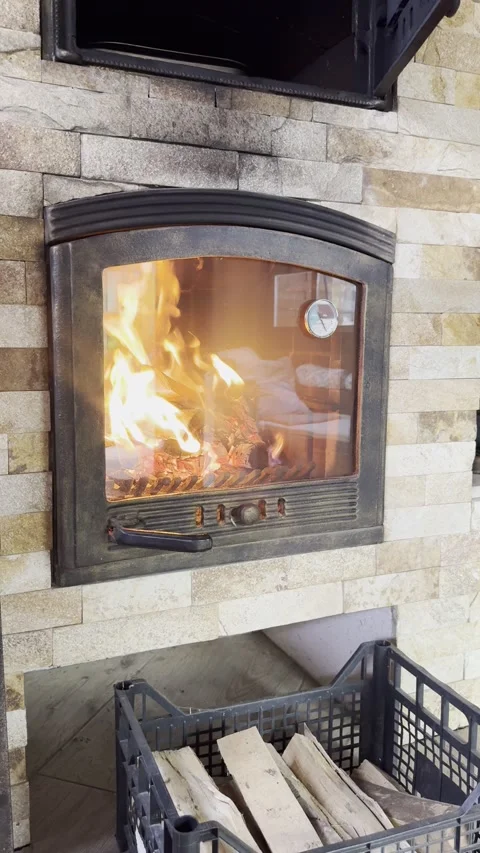 Vertical - Bright Wood Fire Burning In Stone Hearth Fireplace Stock Footage 345250528