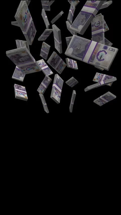 Vertical British 20 pounds Banknotes Falling Animation on Black Screen Video stock 294271317