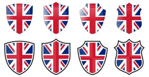 Vertical British flag in shield shape, four 3d and simple versions. United Ki Ilustración de archivo