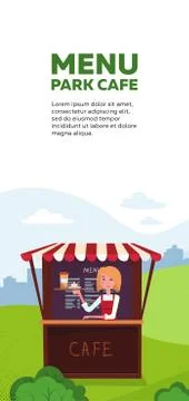 Vertical brochure design for park cafe menu. . Takeaway kiosk with waitress w Ilustração Stock