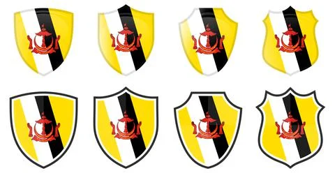 Vertical Brunei flag in shield shape, four 3d and simple versions. Ilustración de archivo