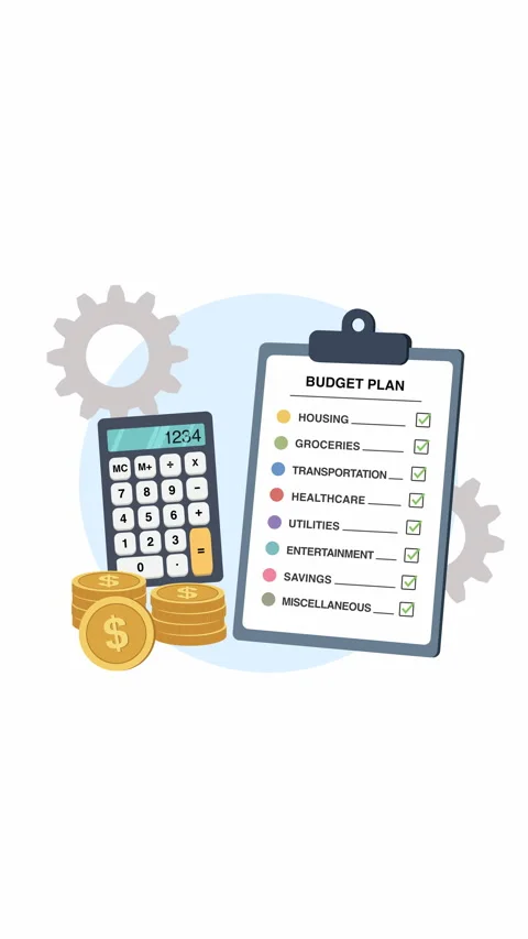 Vertical Budget Planning Checklist with Calculator and Coins Flat Illustration Видео 339557807