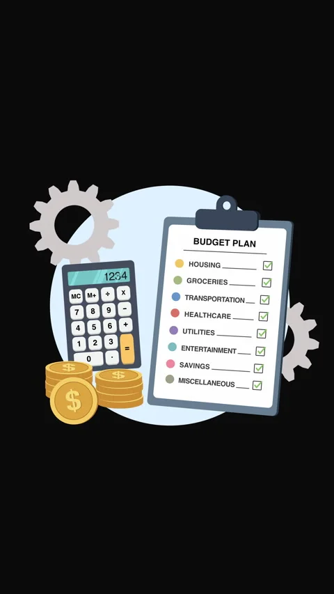 Vertical Budget Planning Checklist with Calculator and Coins Flat Illustration Stock Footage 339557808