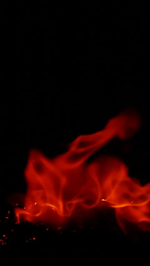 Vertical burning fire flame on ground isolated on black background, slow motion Stock Footage 311695764