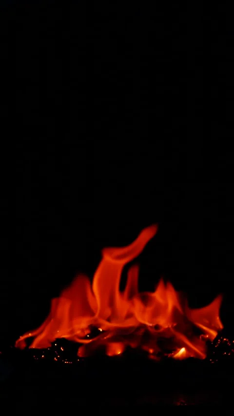 Vertical burning fire flame on ground isolated on black background, slow motion Stock Footage 312427003