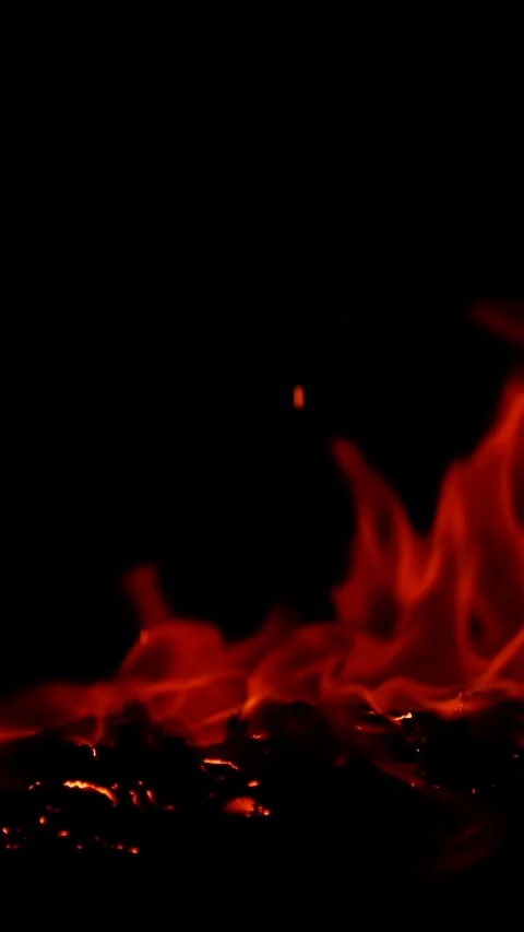 Vertical burning fire flame on ground isolated on black background, slow motion Stock Footage 312851685