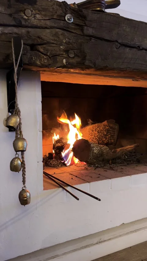 Vertical, Burning Logs in Traditional Fireplace with Flickering Flames Stock Footage 342222239