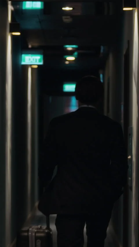 Vertical of Businessman Pulling Suitcase down Hotel Corridor on Business Trip Stock Footage 336078996