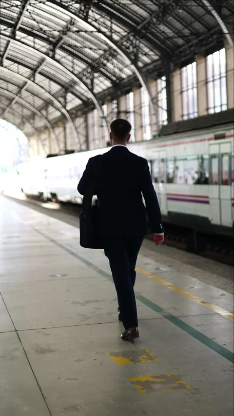 Vertical businessman walking on train platform, waiting for train to go to wo Stock Footage 293483791