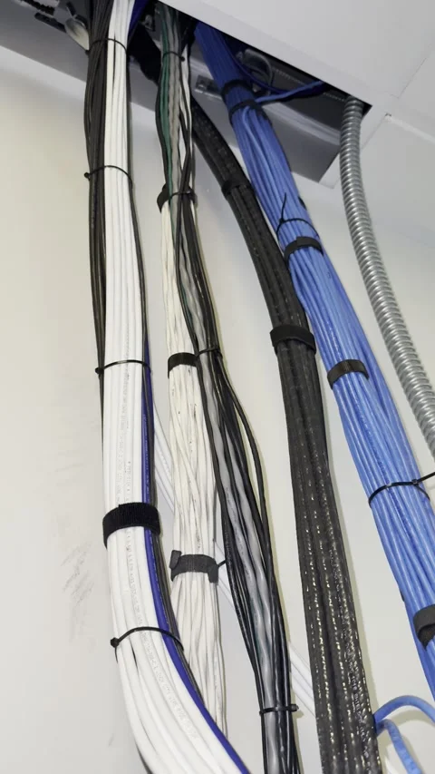 Vertical Cable Bundle Secured Along Wall Stock Footage 344593671